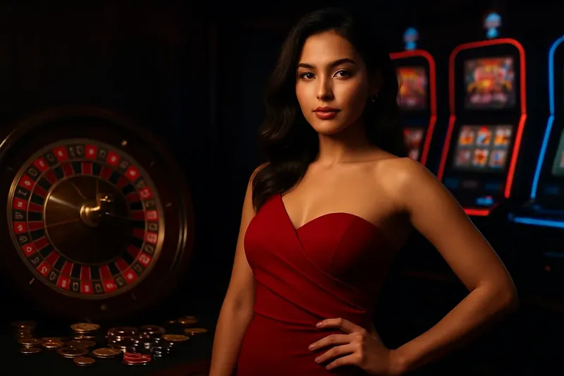 Beautiful woman in red dress standing confidently near roulette and slot machines with gold coins and poker chips in a luxury Bangladesh casino setting