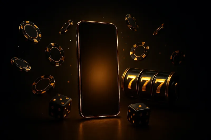Panoramic banner with glowing smartphone, floating casino chips, slot reels, dice, and gold accents